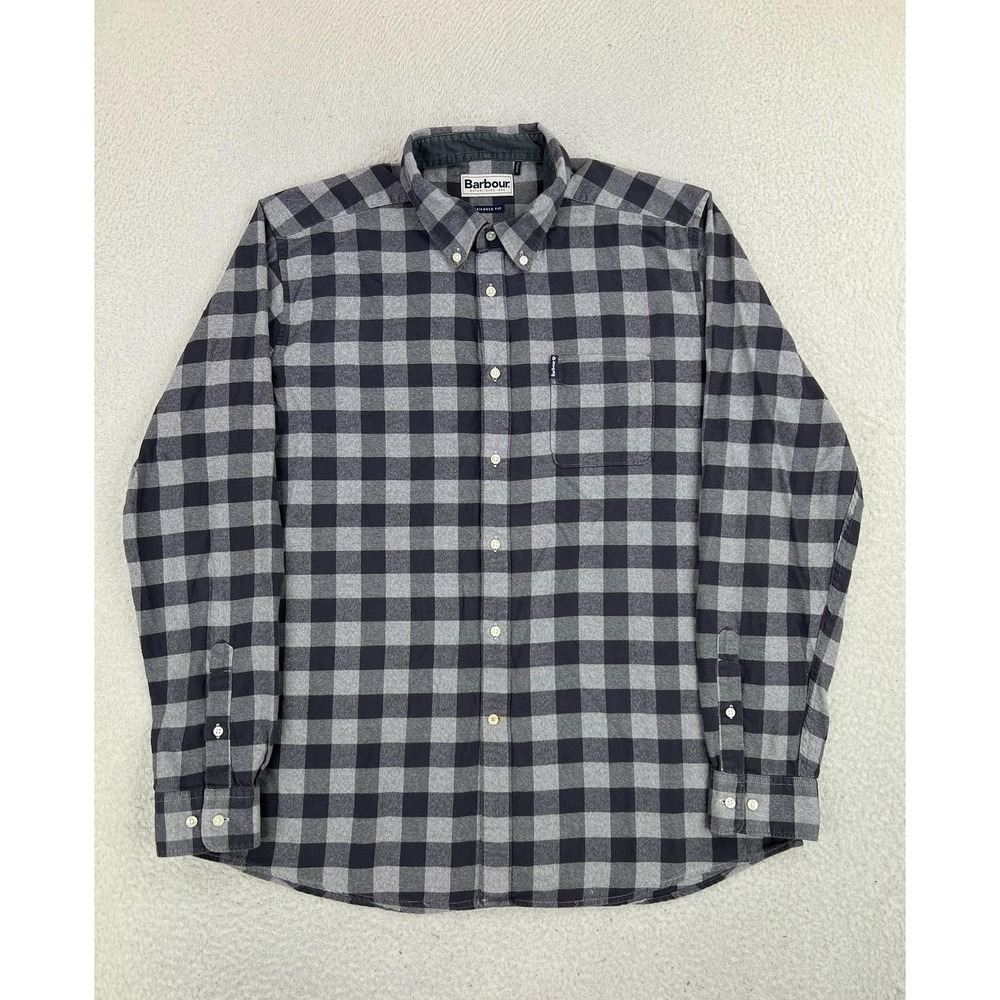 Barbour Shirt Men's Large Gray Check Flannel Tailored Fit Long Sleeve Button Up